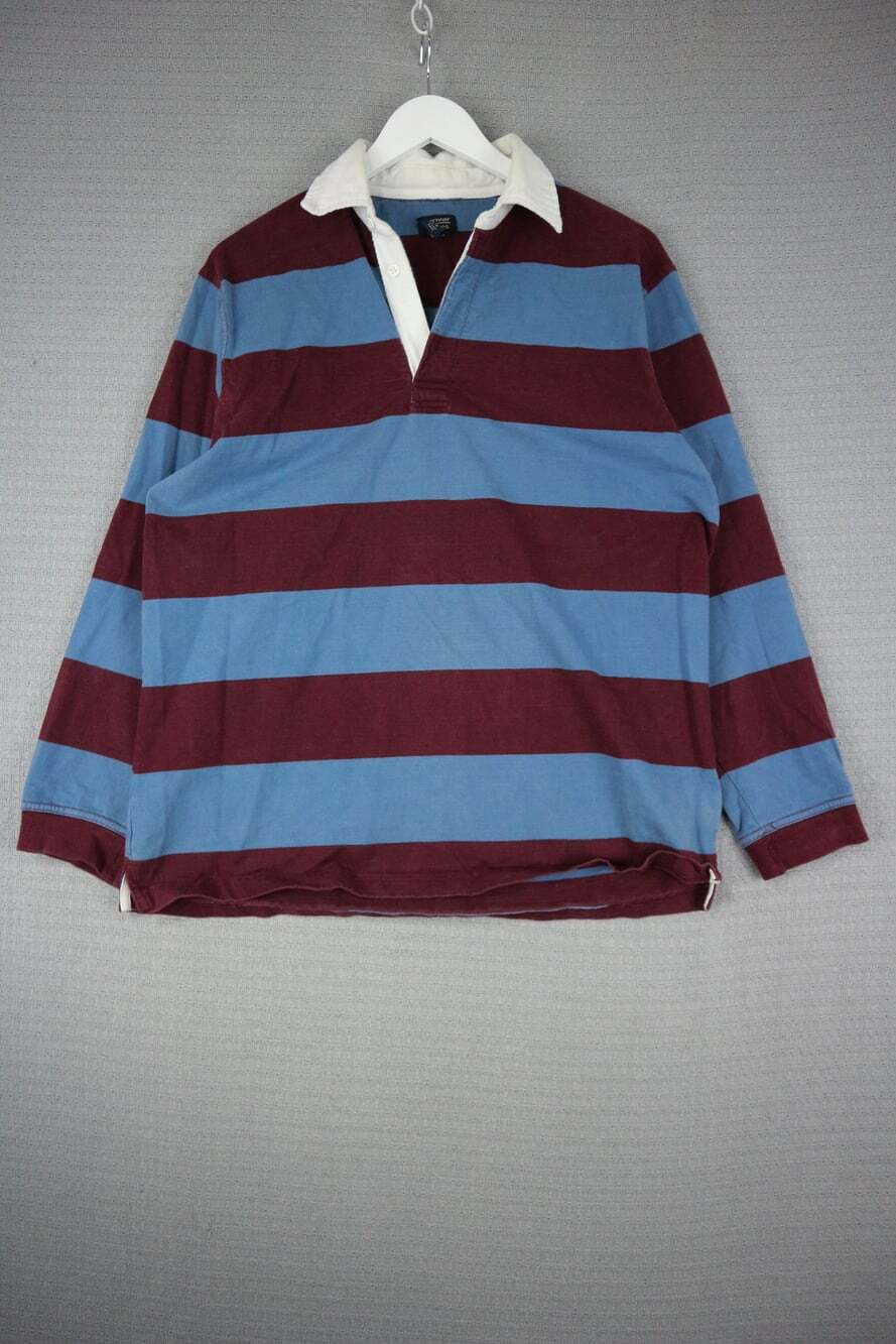 Denver Hayes Vintage Striped Long Sleeve Polo Rugby Shirt Maroon Blue Size L